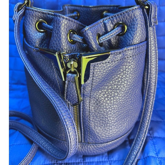 Danielle Nicole Blue Pebble Vegan PU Lthr Mini Drawstring Bucket Crossbody Bag - Picture 12 of 13